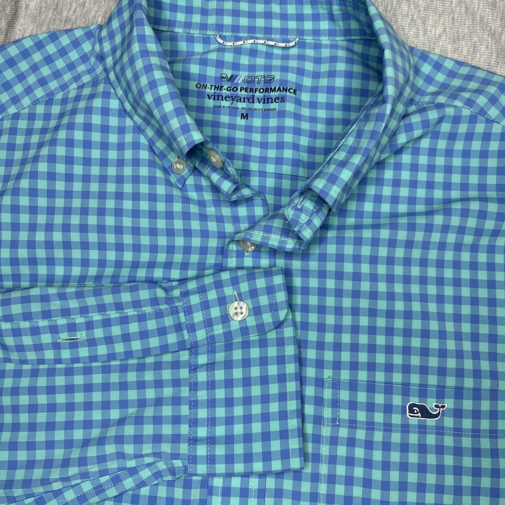 Vineyard Vines OTG Performance Shirt Men's Medium Blue Checker Stretch Light